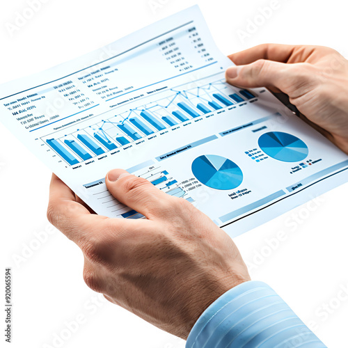 Business person analyzing statistics and financial data on a printed report with graphs and charts. Concept of financial analysis.