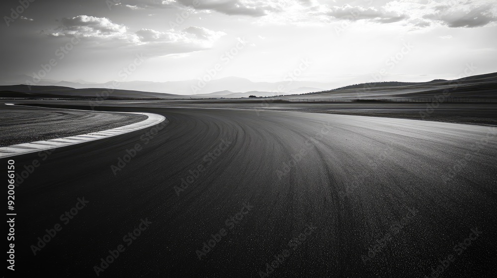 Naklejka premium Race track with a solitary car in the distance, emphasizing solitude and focus in a high-speed environment