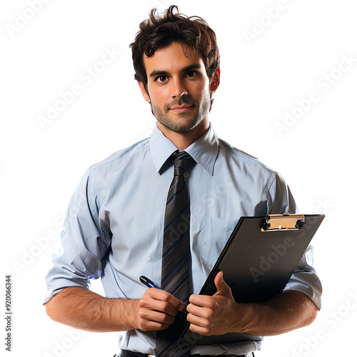 Professional man in formal attire holding a clipboard and pen, ready for business or office work.