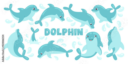 Cute cartoon blue dolphin childish underwater animal characters set swimming, playing, jumping