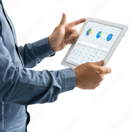 Business professional using a tablet to analyze data charts and statistics, illustrating technology and modern business analysis.