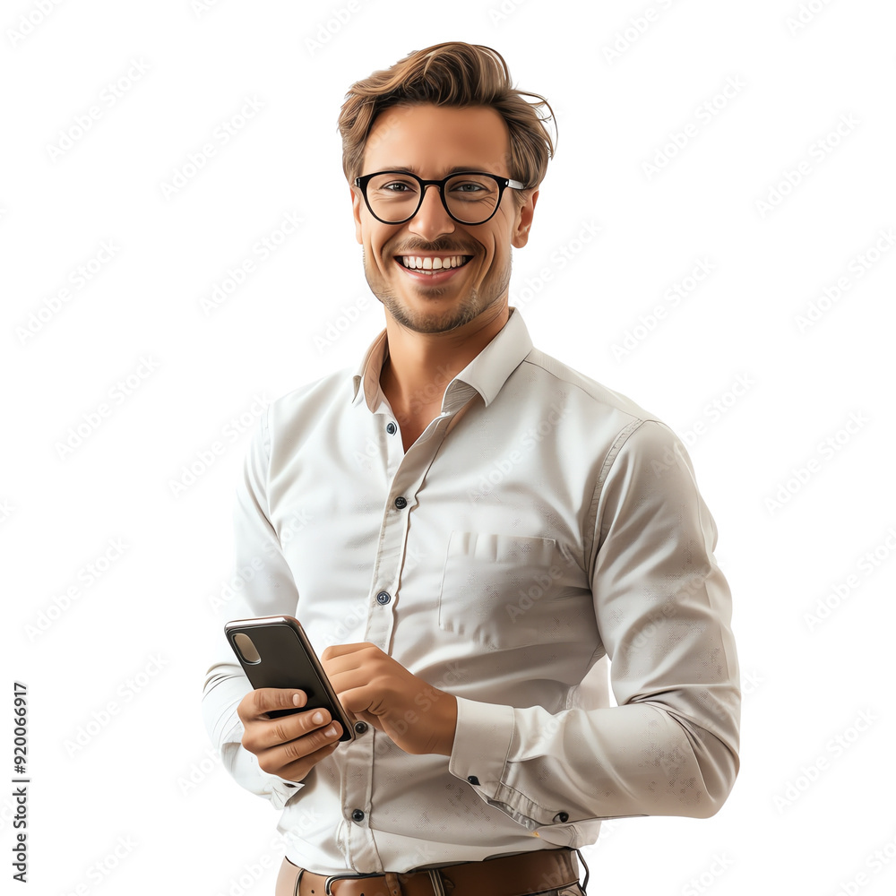Smiling professional man in white shirt using smartphone. Isolated on white background. Business and technology concept. Smiling professional man in white shirt using smartphone. Isolated on white background. Business and technology concept.