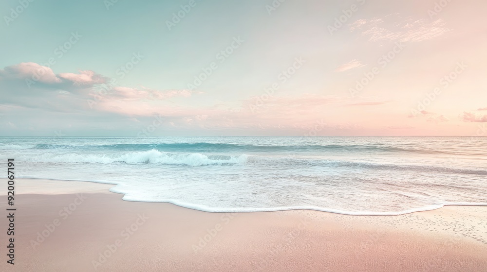 Serene beach landscape with soft sand, gentle waves, and a pastel-colored sky, perfect for relaxation themes Serene beach landscape with soft sand, gentle waves, and a pastel-colored sky, perfect for relaxation themes