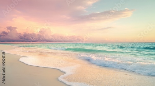 Serene beach landscape with soft sand, gentle waves, and a pastel-colored sky, perfect for relaxation themes