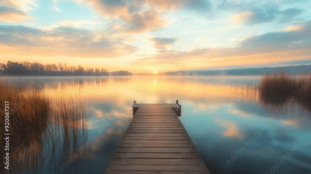Serene lakeside landscape with a wooden dock, calm waters, and a pastel-colored sky, ideal for peaceful retreat themes Serene lakeside landscape with a wooden dock, calm waters, and a pastel-colored sky, ideal for peaceful retreat themes
