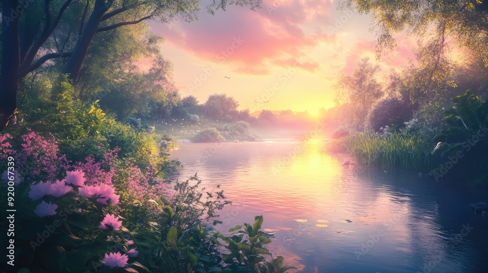 Serene riverside landscape with a calm stream, lush vegetation, and a pastel sunset, perfect for peaceful retreat themes