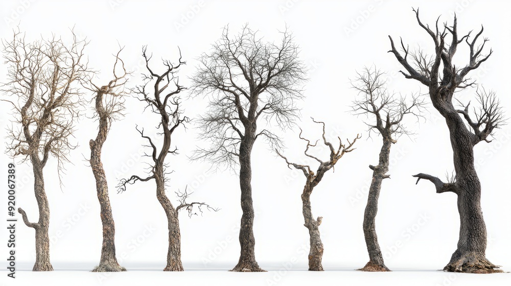 Abstract Series of leafless trees in a row against a white background representing winter or decay Abstract Series of leafless trees in a row against a white background representing winter or decay