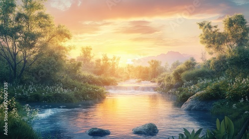 Serene riverside landscape with a calm stream, lush vegetation, and a pastel sunset, perfect for peaceful retreat themes