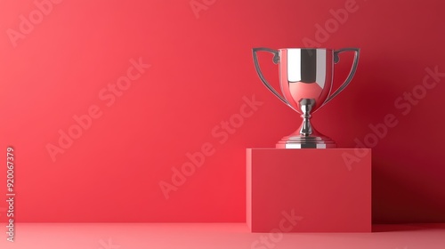 Silver trophy on a red podium, symbolizing second-place success. Text space available