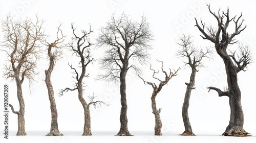 Abstract Series of leafless trees in a row against a white background representing winter or decay