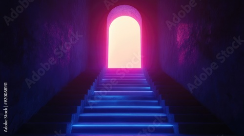 Staircase leading to a glowing door, representing the path to success. Text space available.