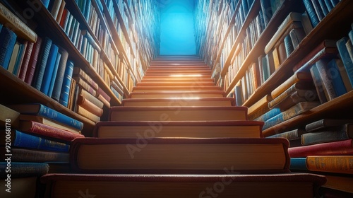 Staircase leading to a glowing door, representing the path to success. Text space available.