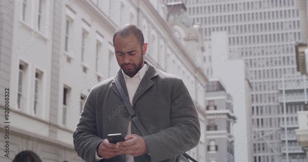 Cool, trendy businessman texting on phone, typing message or sending location on social media while walking to work in the city. Corporate man using text communication app with background copy space