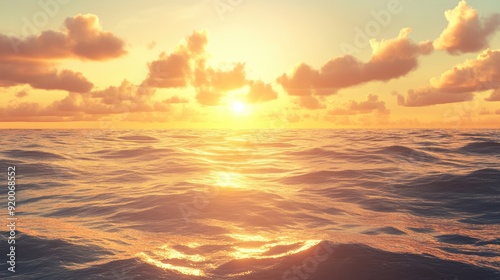 Stunning sunset landscape over a calm ocean with golden hues and gentle waves, ideal for serene and romantic themes