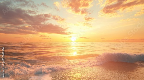 Stunning sunset landscape over a calm ocean with golden hues and gentle waves, perfect for serene and romantic themes