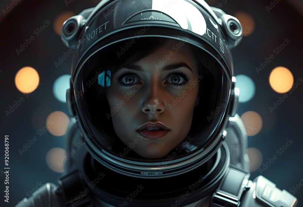 Close-up of a woman in a spacesuit helmet with dramatic lighting Close-up of a woman in a spacesuit helmet with dramatic lighting