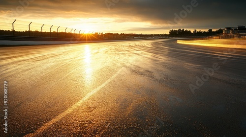 Sunrise over an empty racetrack, with golden light casting a warm glow on the asphalt.