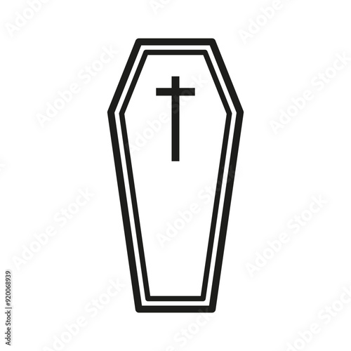 Coffin outline icon. Cross detail inside. Simple black design. Vector symbol.