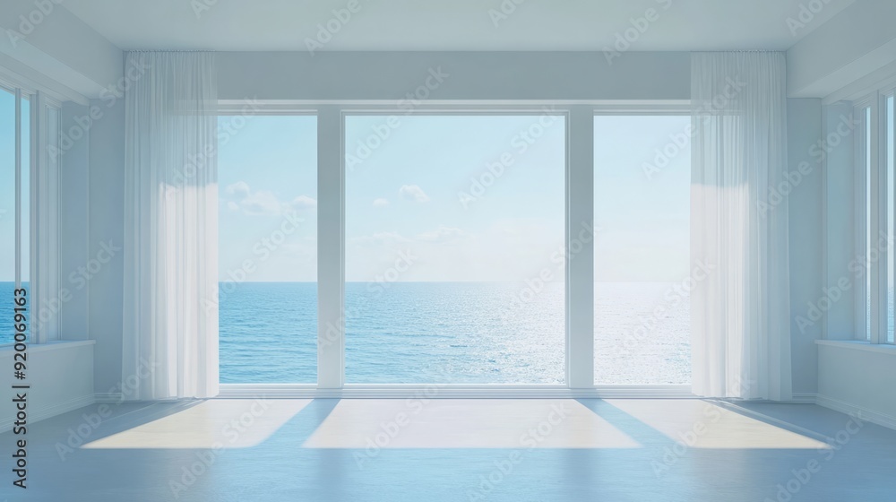 Obraz premium Empty room sea view with clipping path for background stock photo, 3d rendering of interior without furniture, white and blue pastel color 