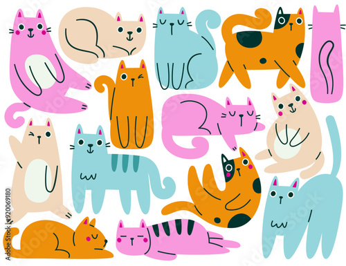 Playful adorable fluffy cats childish characters together showing different emotions and reaction