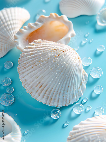 Closeup of White Seashells Glistening Dew Drops on Sky Blue Background