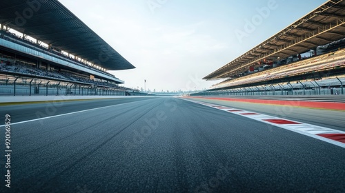 View of an empty racetrack from the grandstands, with the track stretching out in front.