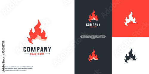 barbecue logo with pig head and flame, party invitation, vector graphic design.