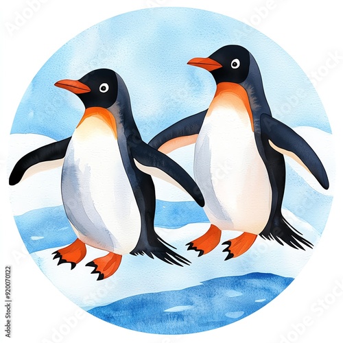 Playful penguins, sliding on ice, arctic backdrop, transparent watercolor style