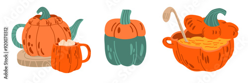 A set of cozy autumn stickers, dishes in the shape of a pumpkin, a teapot, a cup, a tureen with pumpkin soup, a jar for spices. Vector autumn illustration for scrapbooking and design.