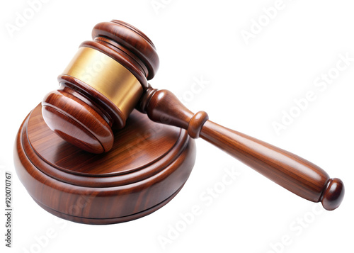 Wooden judge's gavel on a round base for legal decisions isolated on transparent background photo