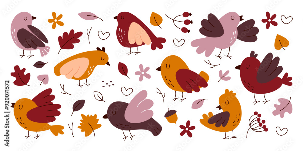 Cute little brown birds characters and autumn leaves, berries isolated set on white background Cute little brown birds characters and autumn leaves, berries isolated set on white background