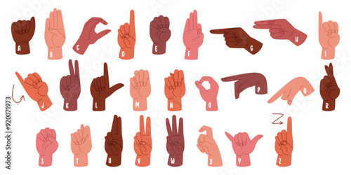 Human hands sign language with different english alphabet letters for studying and learning