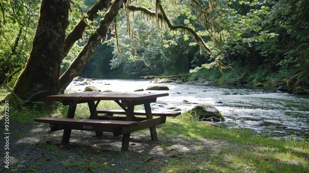 Picnicking at a riverside picnic table with the sound of flowing water in the background. Picnicking at a riverside picnic table with the sound of flowing water in the background.
