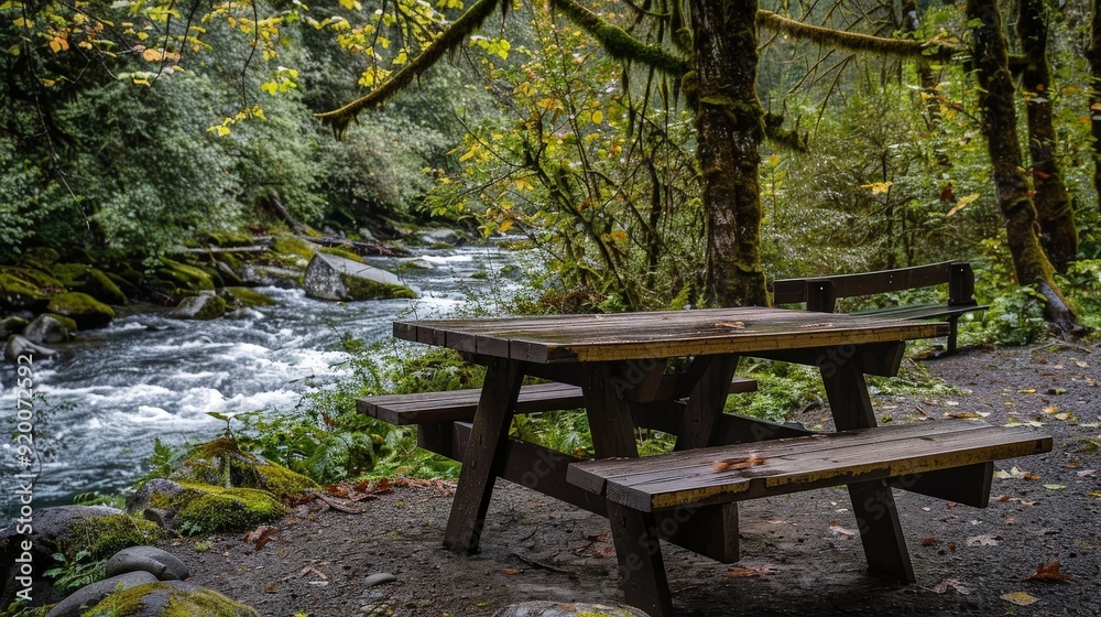 Picnicking at a riverside picnic table with the sound of flowing water in the background. Picnicking at a riverside picnic table with the sound of flowing water in the background.