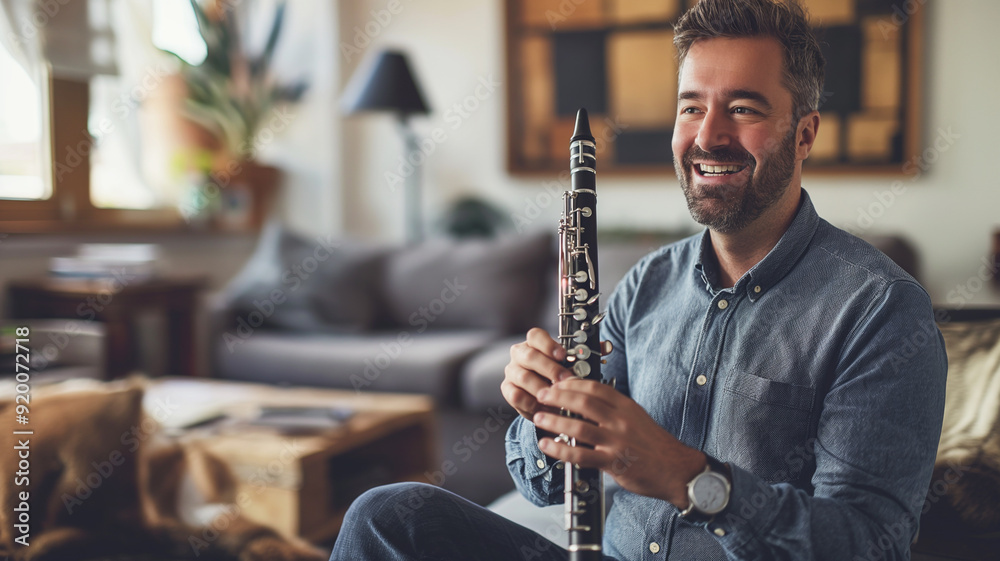 Fototapeta premium Man playing clarinet in a living room 