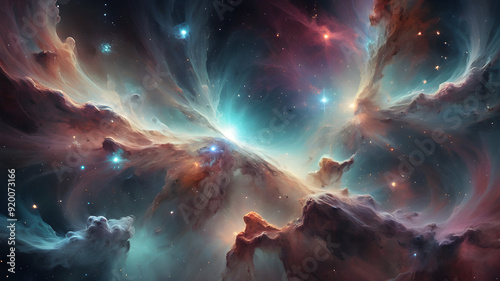 view of nebula in space with planets and galaxies