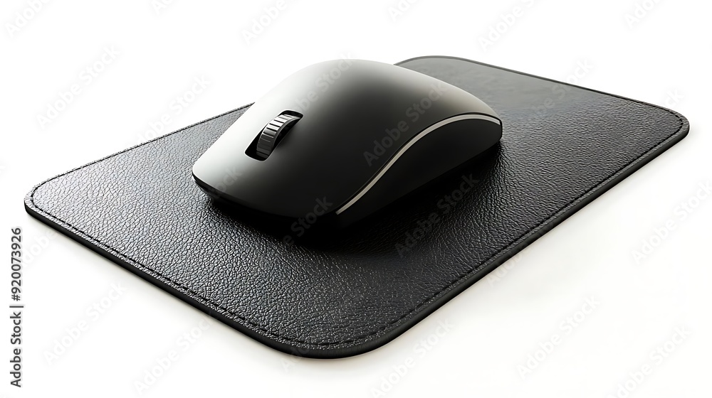 Black Wireless Mouse on Leather Mousepad - 3D Illustration Black Wireless Mouse on Leather Mousepad - 3D Illustration