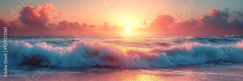 Ocean Waves Crashing on the Beach at Sunset - Realistic Image