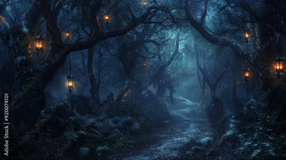 Show a spooky forest path lit by lanterns, leading to a mysterious, ghostly figure in the distance. Show a spooky forest path lit by lanterns, leading to a mysterious, ghostly figure in the distance.