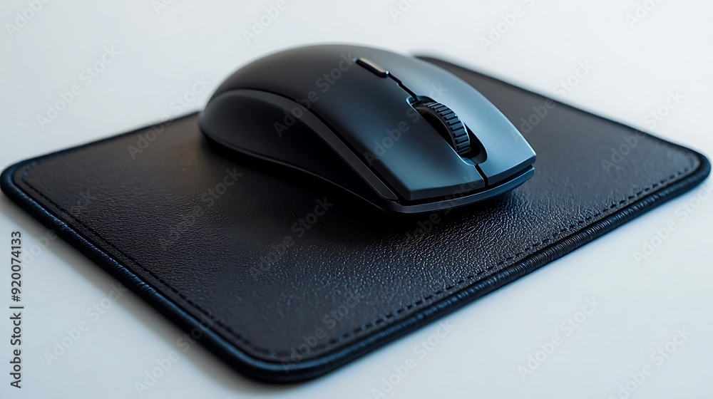 Black Wireless Mouse on Black Leather Mousepad - Photo