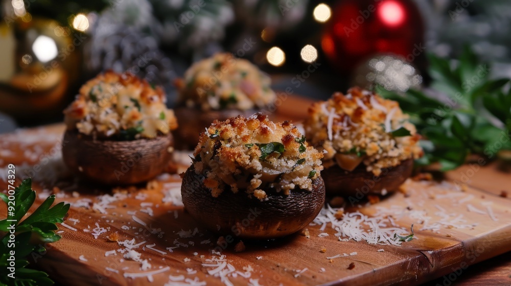 Stuffed mushrooms with breadcrumbs and Parmesan cheese, a savory starter for Christmas gatherings. Stuffed mushrooms with breadcrumbs and Parmesan cheese, a savory starter for Christmas gatherings.