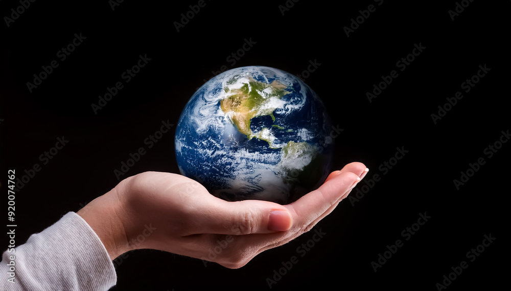 earth on hand, side view, magic, rotation, sea, clouds, land, glowing, stars, fantasy, design, illustration, black background earth on hand, side view, magic, rotation, sea, clouds, land, glowing, stars, fantasy, design, illustration, black background
