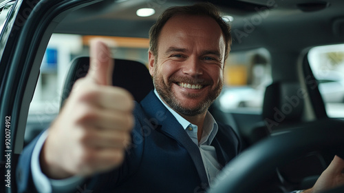 Happy man in car after buy a car