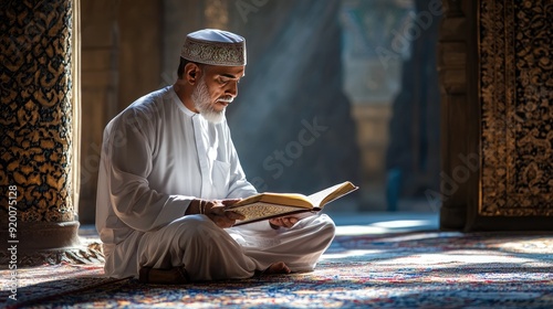 A man in a white robe is reading a book in a room with a blue carpet. The man is wearing a white hat and is sitting on the floor photo