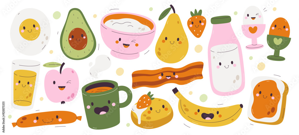 Cute breakfast food tasty snack and drinks set with funny faces and happy emotion and expression