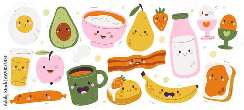 Cute breakfast food tasty snack and drinks set with funny faces and happy emotion and expression