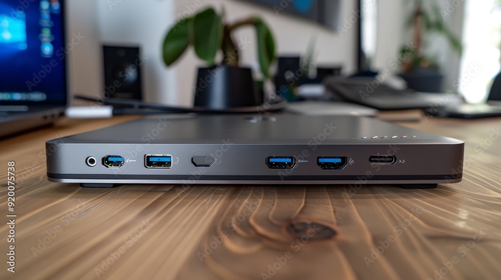 Obraz premium Write about the role of laptop docking stations in optimizing connectivity when placed on a table.