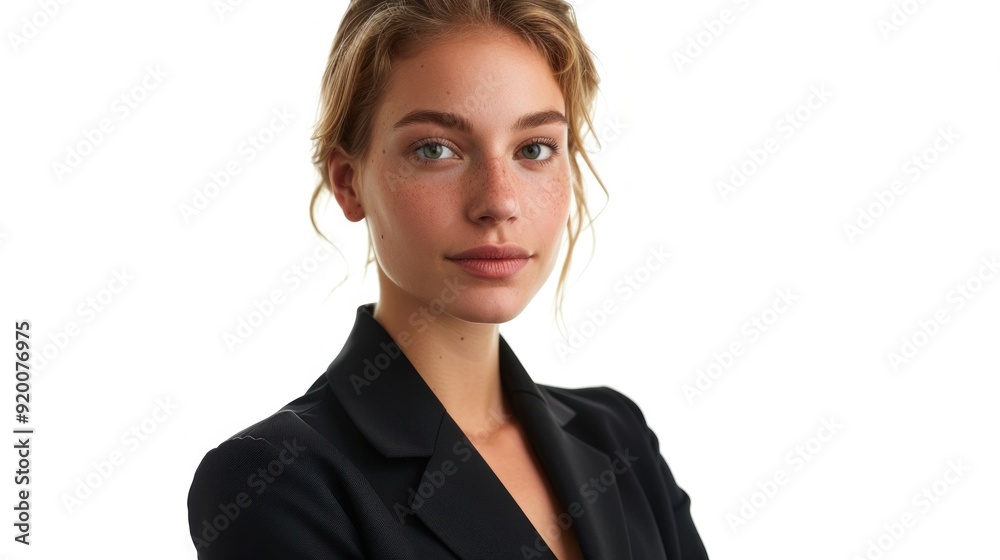 Confident businesswoman in stylish suit posing with crossed arms for corporate portrait photography on location Confident businesswoman in stylish suit posing with crossed arms for corporate portrait photography on location