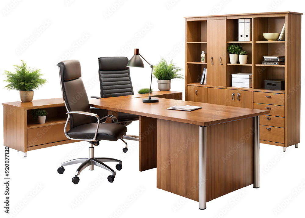 Modern office furniture set with wooden desk and leather chairs isolated on transparent background Modern office furniture set with wooden desk and leather chairs isolated on transparent background