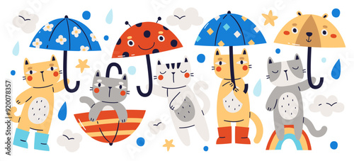 Cute small cats hand drawn characters with umbrella flying in rainy cloudy sky childish motif